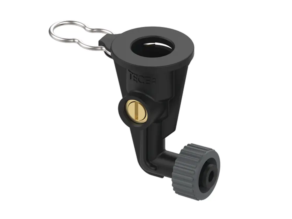 Wasseranschluss von TECE aus Kunststoff mit einer Sicherungsklammer. Das Produkt verfügt über eine runde Öffnung und ein externes Gewinde.